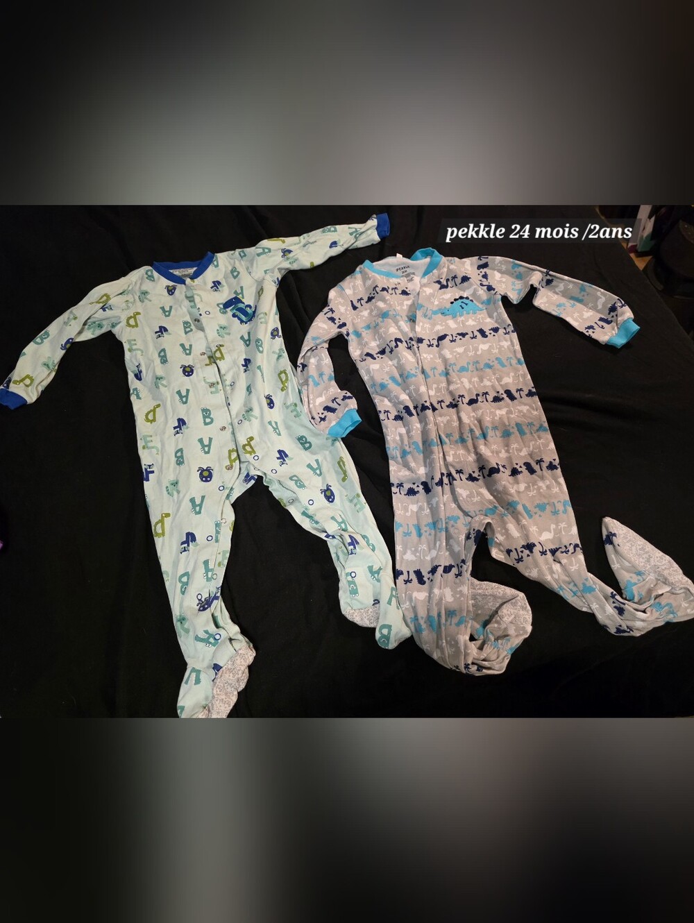 Pekkle Blue & Light Green Dino and Alphabet Footed One-Pieces (Set of 2) 24 Mois